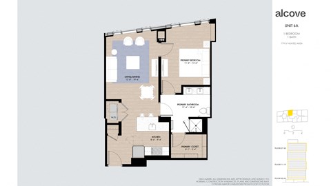 Floor plan for 1 bed, 1 bath, 779 sqft